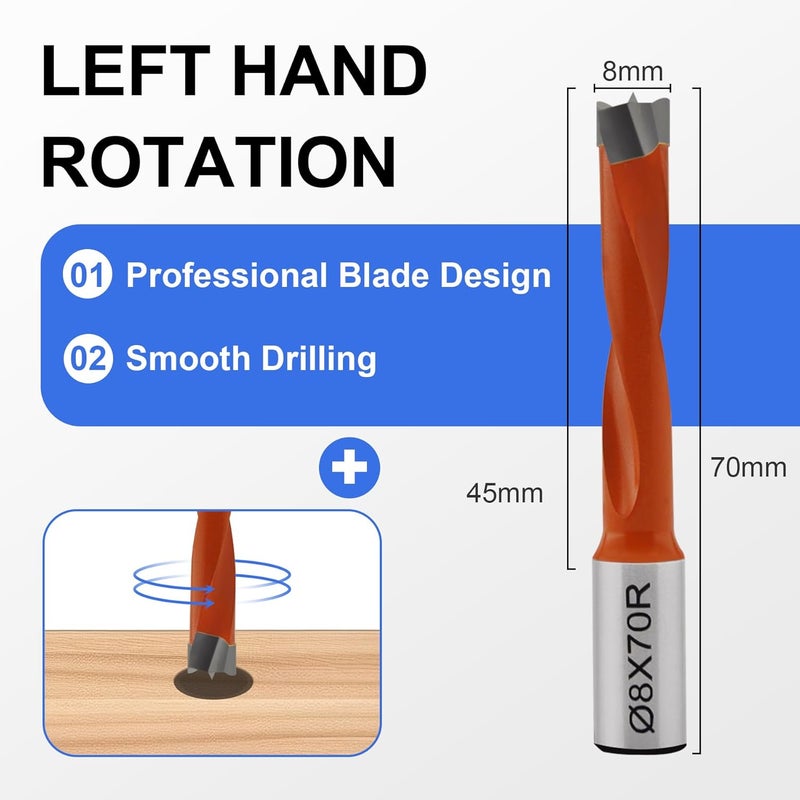 CDBP 8mm Diameter Carbide Tipped Brad Point Boring Bit Dowel Drill Bits 8mm Dia x 70mm Long x 10mm Shank, Left Hand Rotation - Image 2